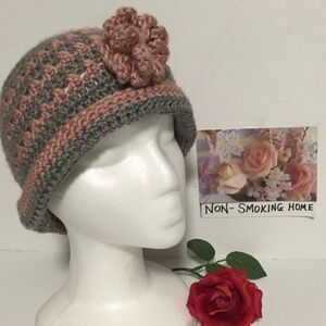 TRENDING TOBOGGAN GRAY PINK & GRAY Crocheted Beanie Hat Fairycore whimsy